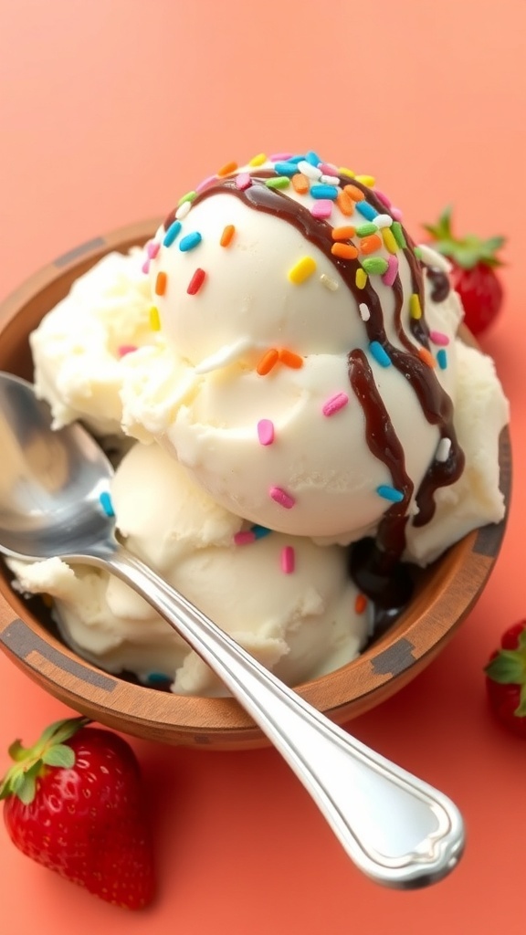 A bowl of vanilla ice cream with sprinkles and chocolate sauce on a wooden table.
